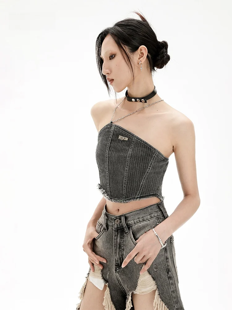 

Оригинальный дизайн YWIS EVA: Модный летний укороченный топ на бретельках из денима для девушек, смесь хлопка и полиэстера, короткая длина.