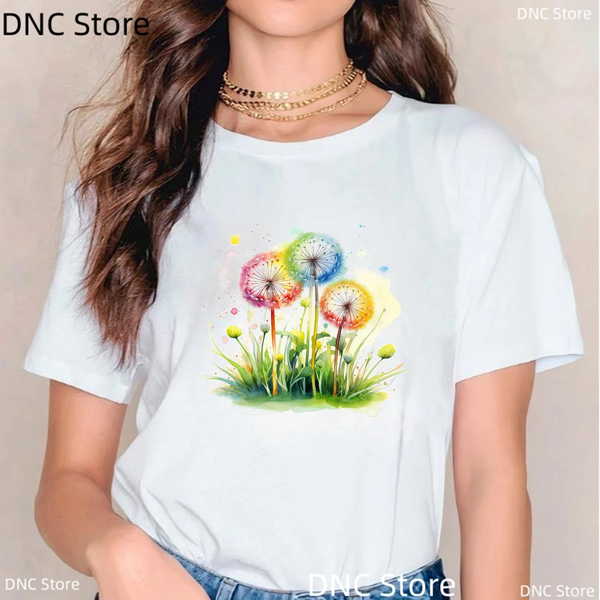 

Rainbow Dandelions Graphic Print T-Shirt Women Fashion Harajuku Kawaii Shirt Summer O-Neck Female Tshirt White Tops Streetwear