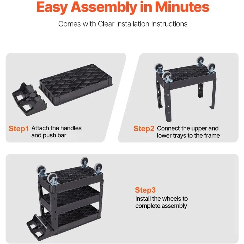 VEVOR Utility Cart, 3-Tier Plastic Service Cart with 550LBS Capacity, 360° Swivel Casters (Including 2 Locking Wheels)