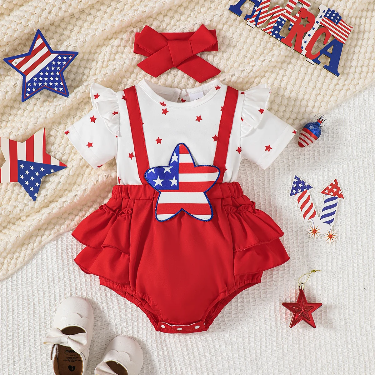 2Pcs Baby Girl Romper Outfit Summer Sweet Cut Ruffle Star Striped Bodysuit With Bow Headband For 0-18 Months Infant Girl Clothes