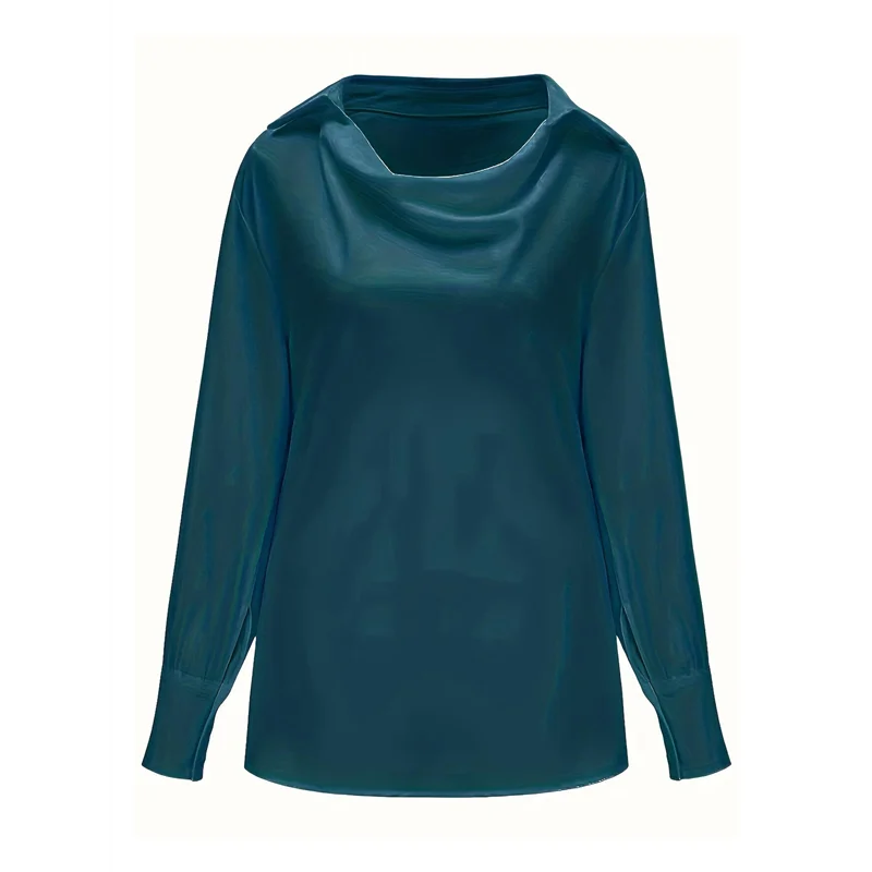 

NEW-Women's Elegant Satin Silk Blouse Cowl Neck Ruched Front Draped Long Sleeve Work Office Shirt Top