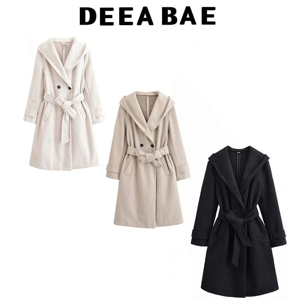 

DEEABAE Двубортный ремень с капюшоном и свободной мягкой курткой-пальто для женской одежды осенью и зимой 2025г.