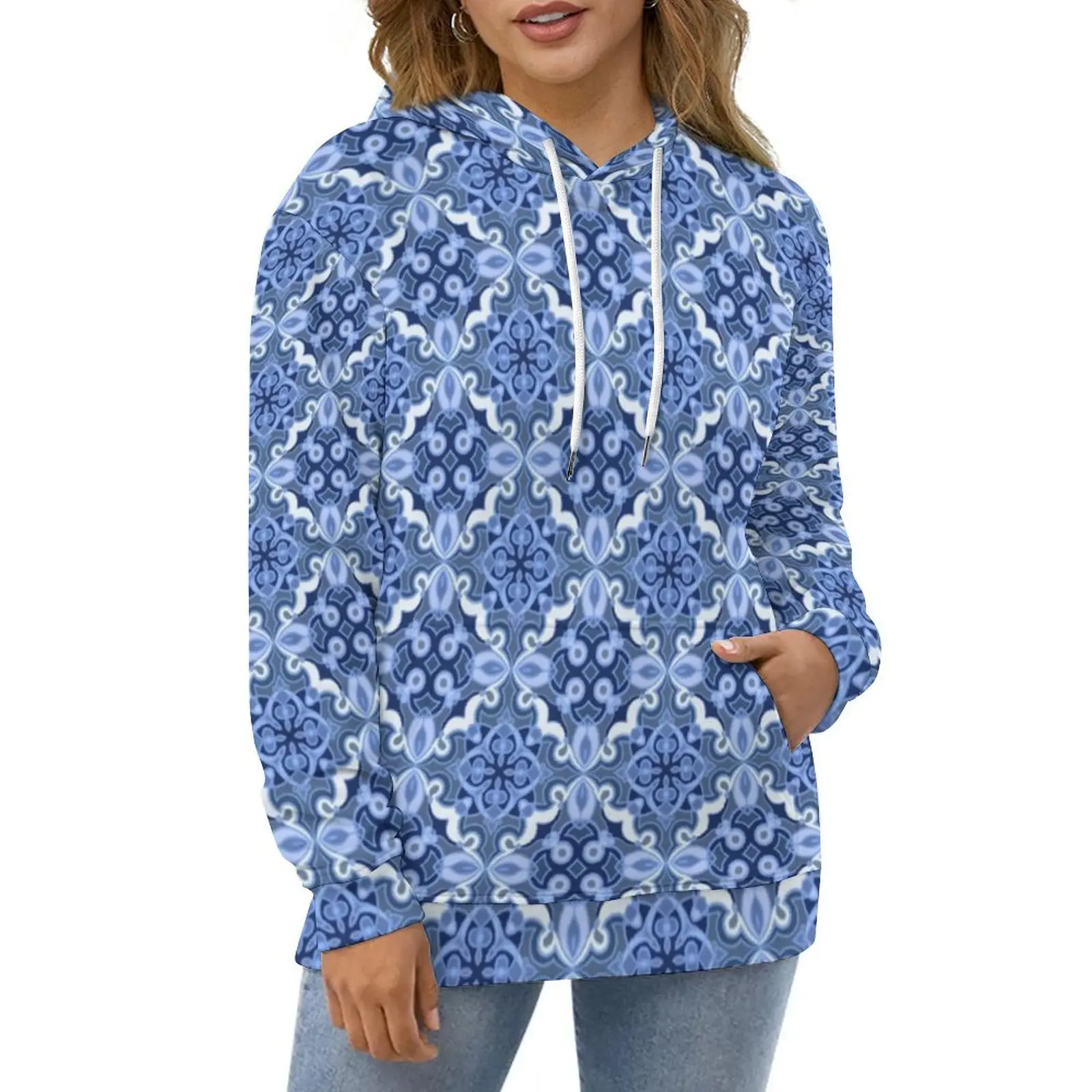 

Blue Baroque Floral Casual Hoodies Retro Bohemia Print Hoodie Couple Long Sleeve Street Fashion Design Loose Hooded Sweatshirts