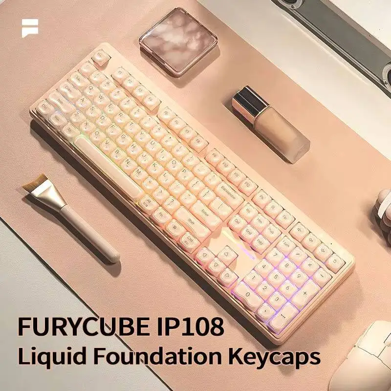 FURYCUBE 108 Keys RGB Backlight Liquid Foundation Shape Keyboard Wried+2.4Ghz+Bluetooth Tri-Mode Wireless Keyboard