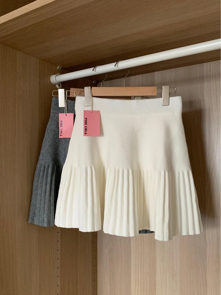 

Женская вязаная юбка с высокой талией, осенне-зимняя, А-силуэт, плиссированная, с эффектом похудения, милая и элегантная