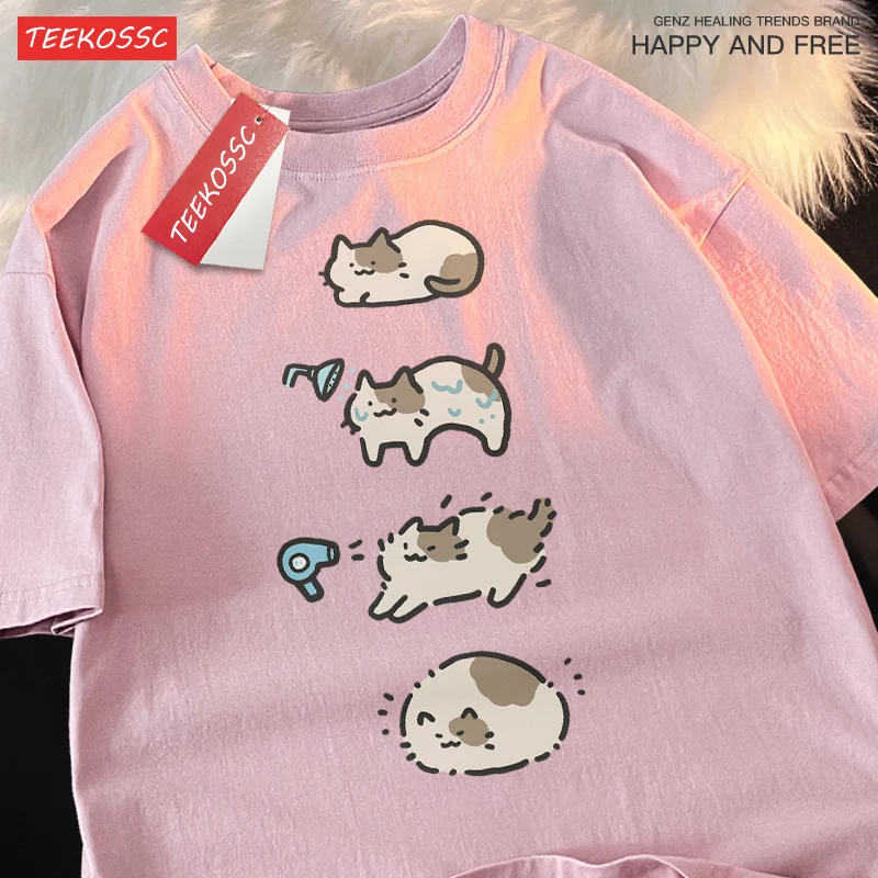 Bathing Cat Cute Cartoon Short Sleeved T-shirt For Men Women Casual Loose Summer Breathable Hair Dryer Pure Cotton Couple Tshirt