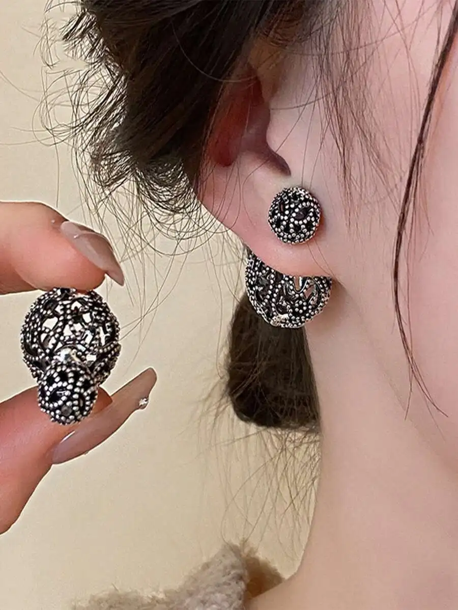 

Vintage Hollow Flower Pattern Dual Purpose Stud Earrings For Women Chic Hollow Ball Ear Jewelry