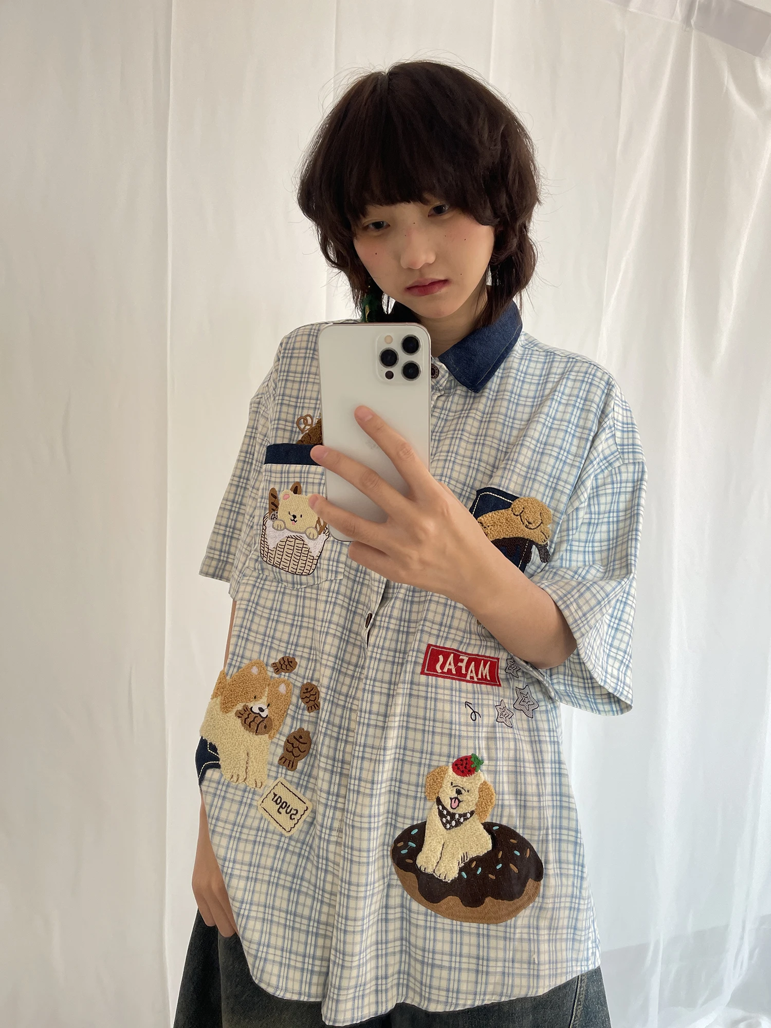 

adow Pl Cartoon Sle Embroidered Dog ort Sve Loose Women's irt Trendy Open Cardigan Cotton Casual Faion