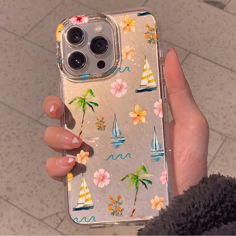 Beach coconut trees Clear Glitter Phone Case For iPhone 17 15 13 16 12 11 14 Pro Max 17 Air XR X 16e Cases Shockproof INS Cover view 6