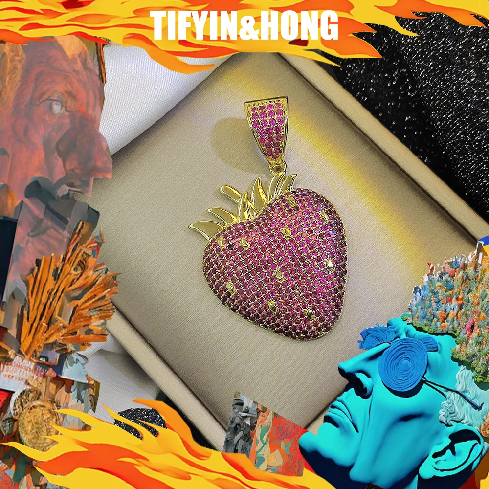 New men's and women's trendy decorative necklace, diamond, gold-plated strawberry pendant, street, nightclub hip-hop culture