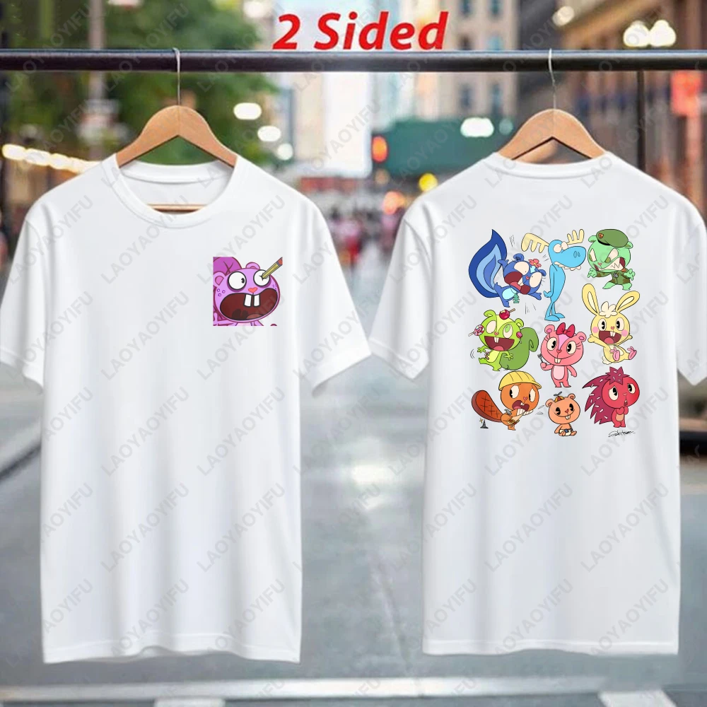 

Trendy Happy Tree Friends Cartoon Characters Print Two Sided Design Unisex T-Shirt Men Women Cotton Short-sleeve Tee