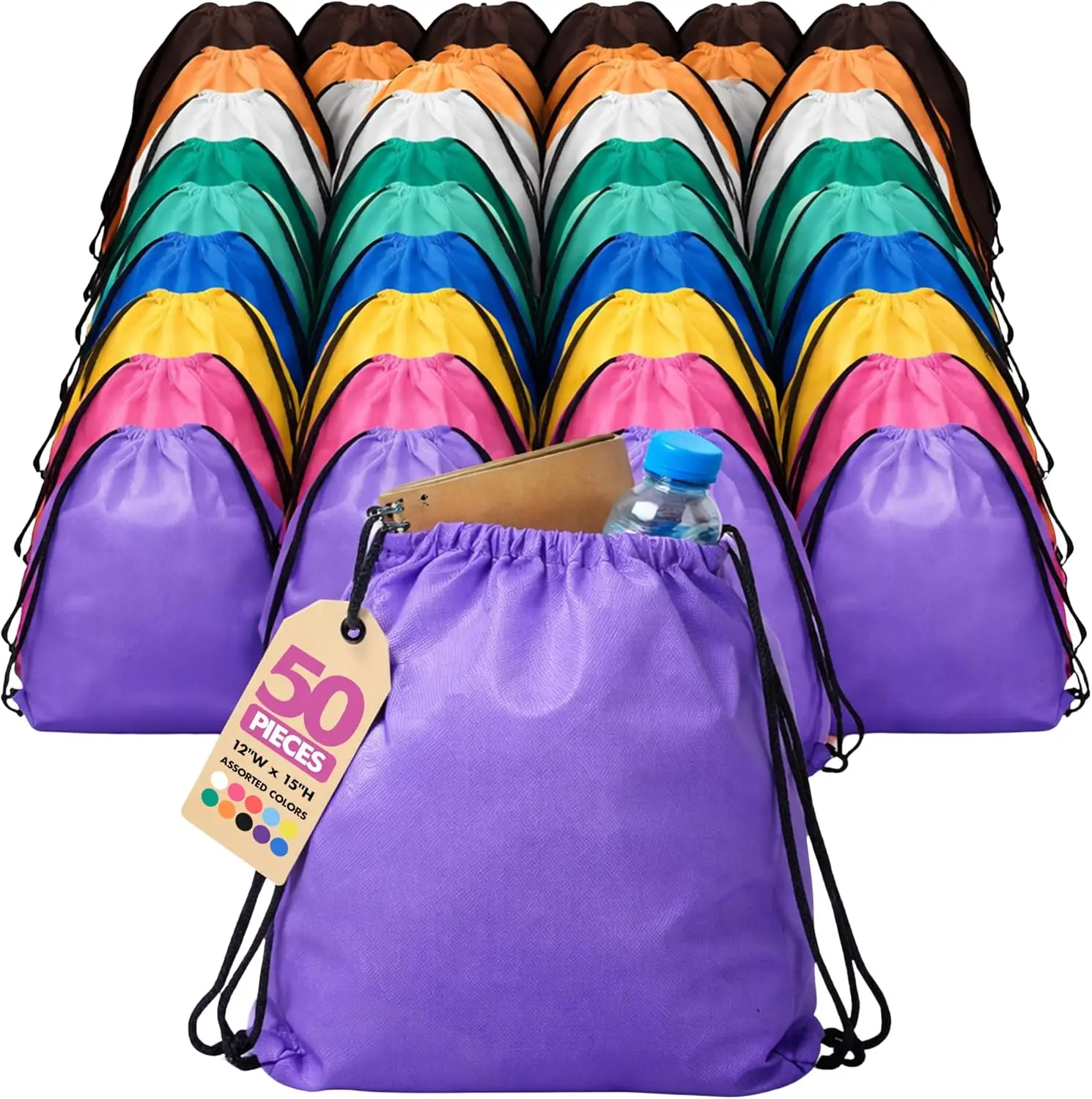 

Bulk Drawstring Backpacks 50 Pack – 12x15 Washable Polyester Cinch Bags for School, Kids, Giveaways, Trade Shows