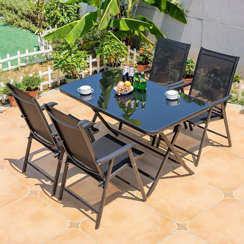 Portable Tropical Outdoor Furniture Set For Summer Time Folding Metal Umbrella Table 6 Chairs For Hotels Villas