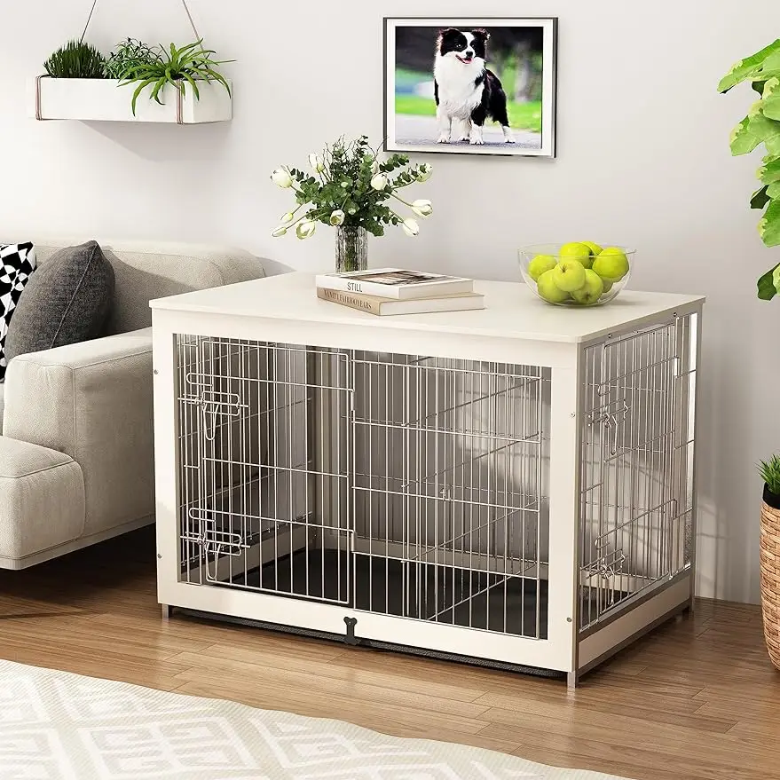 

Wooden Dog Crate Furniture with Divider Panel, Dog Crate End Table with Fixable Slide Tray, Double Doors Dog Kennel Indo