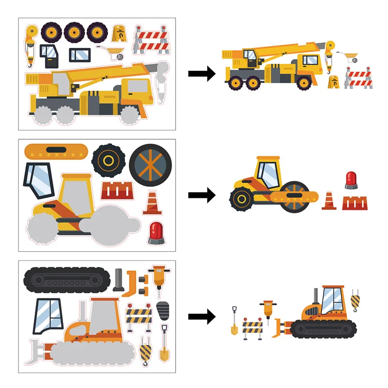 6/12Sheets Kids DIY Construction Vehicle Puzzle Sticker Make Your Own Truck Stickers Assemble Jigsaw Party Favors For Boys Girls