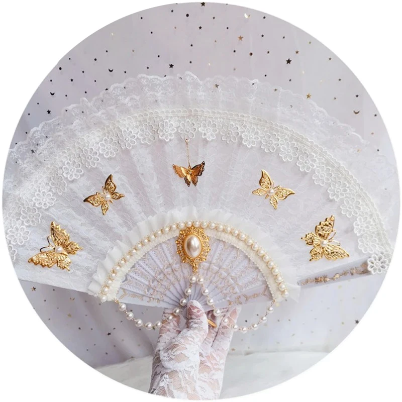 Butterfly Pearl Gorgeous Multilayer Lace Hand Fans Lolita Harajuku Gothic Japanese Style Handheld Dance Fan Props For Comic-Con