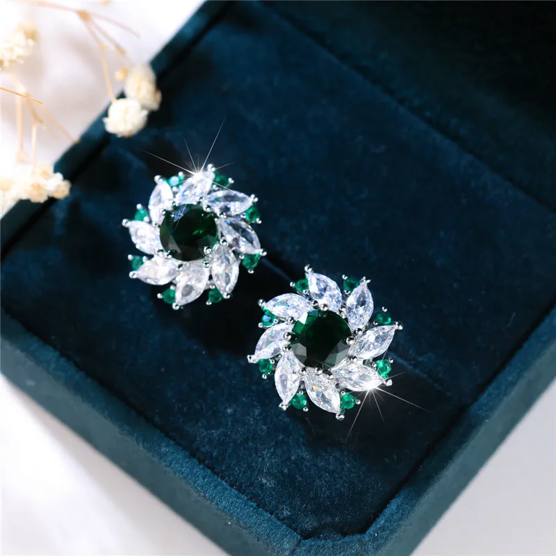 Luxury Female Crystal Green Stone Flower Stud Earrings Vintage Silver Color Wedding Jewelry For Women