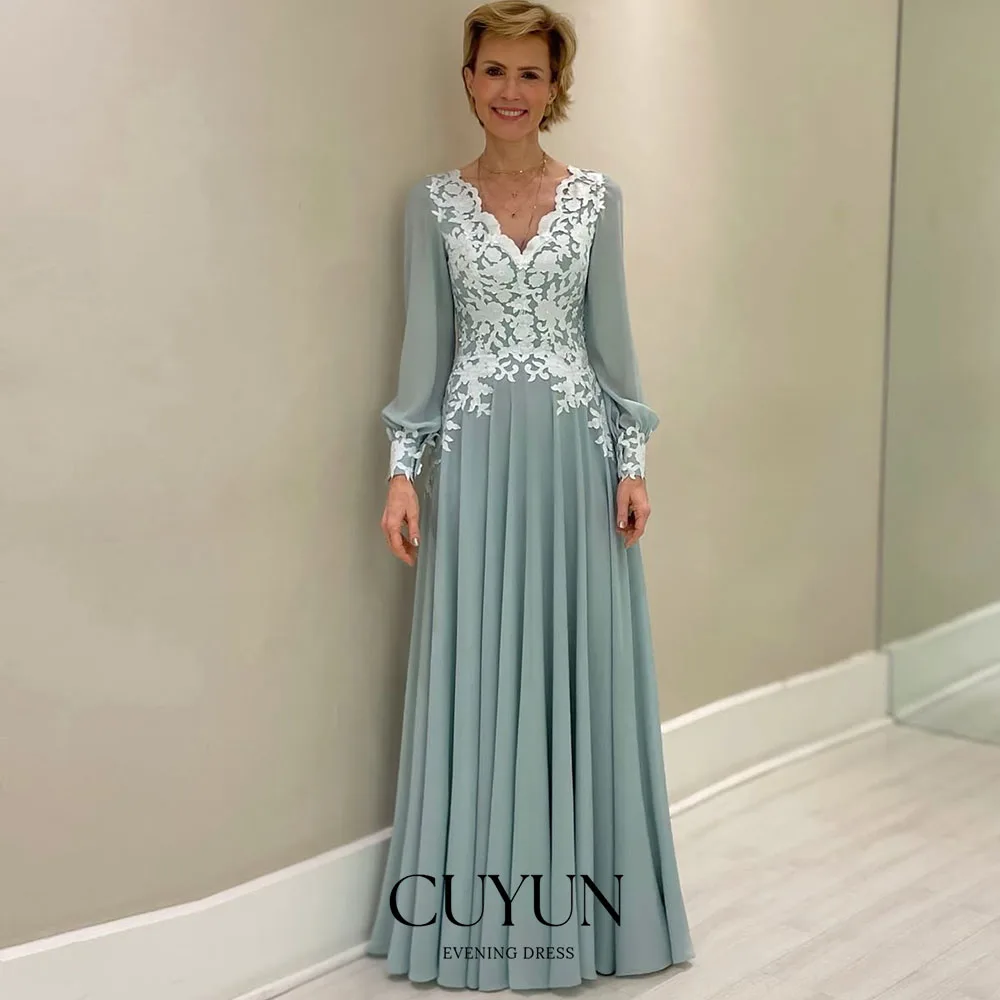 

CUYUN Elegant Mother of Bride Dresses V-Neck Long Sleeves Chiffon and Lace Wedding Guest Dresses Customized Women Formal Dresses
