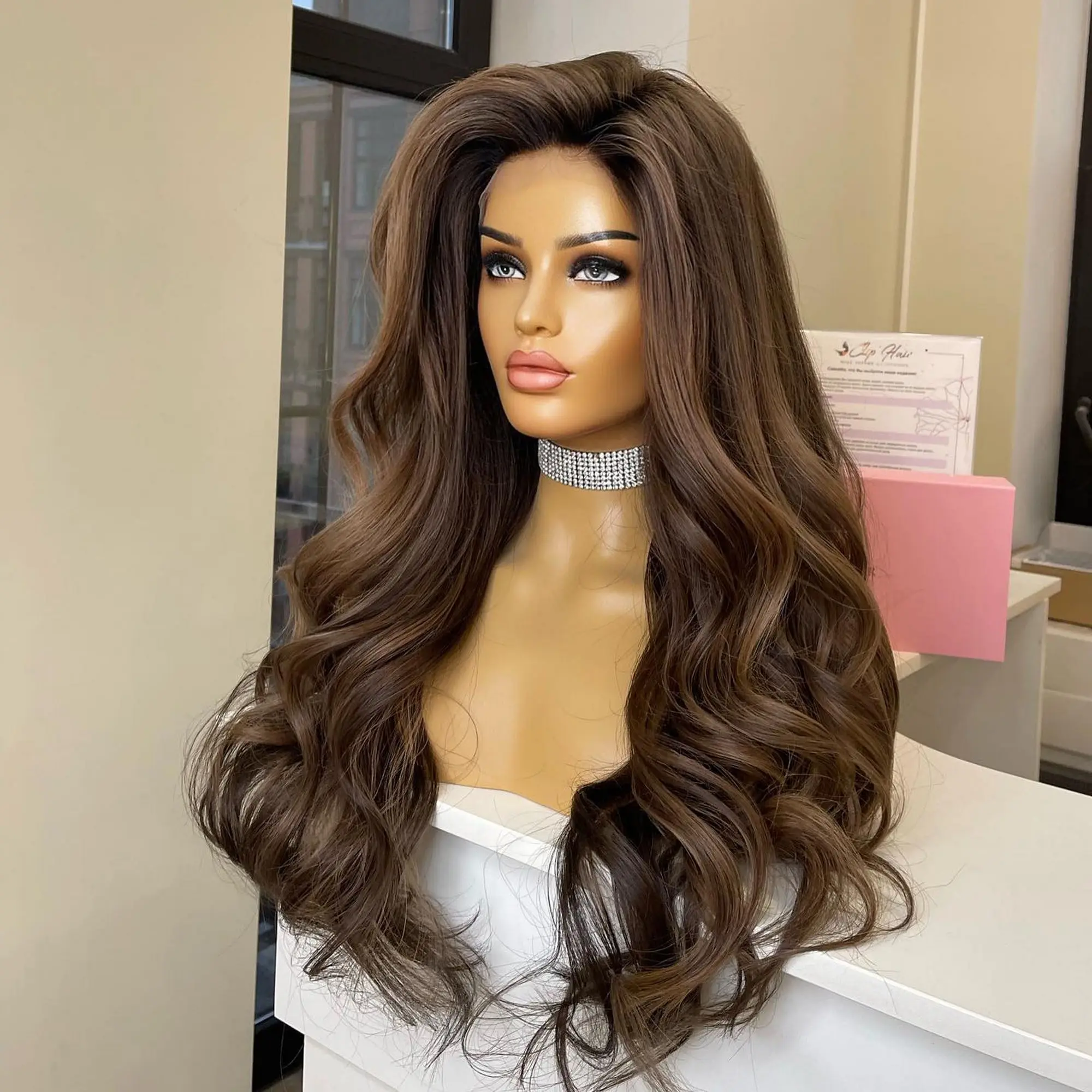 Beginner Friendly Easy To Wear Ombre Dark Chestnut Brown Women's Wig 26 Inches Body Wave Synthetic Lace Top Wigs Brunette Fibre