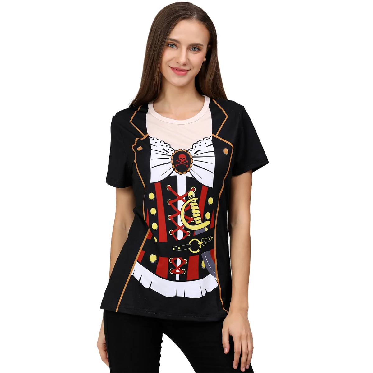 

Женский костюм пирата, рубашка капитана, косплей, топ на Хэллоуин, средневековая тематическая вечеринка, женская одежда с круглым вырезом, новинка, 3D графика, тонкий короткий рукав