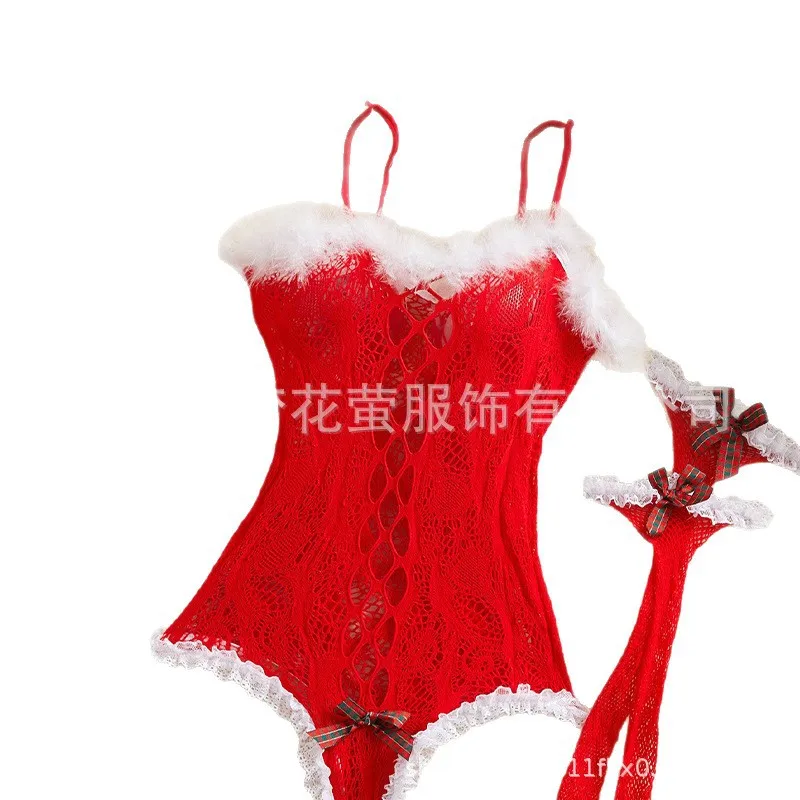 الملابس الداخلية المثيرة الجديدة ذات الحجم الكبير مثيرة ومثيرة فستان شبكي لعيد الميلاد وزي من قطعة واحدة أطقم مغرية ولطيفة