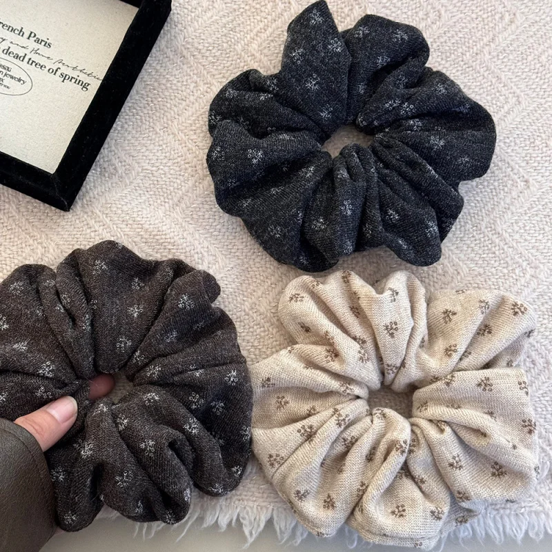 

Korean Style Small Floral Knitted Scrunchie High-End Printed Tie Retro Elegant Ponytail Elastic Band Hair Flower