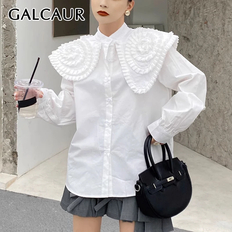 

GALCAUR White Coloe Sweet Blouses For Women Peter Pan Collar Long Sleeve Patchwork Single Breasted Shirt Female Clothing Autumn