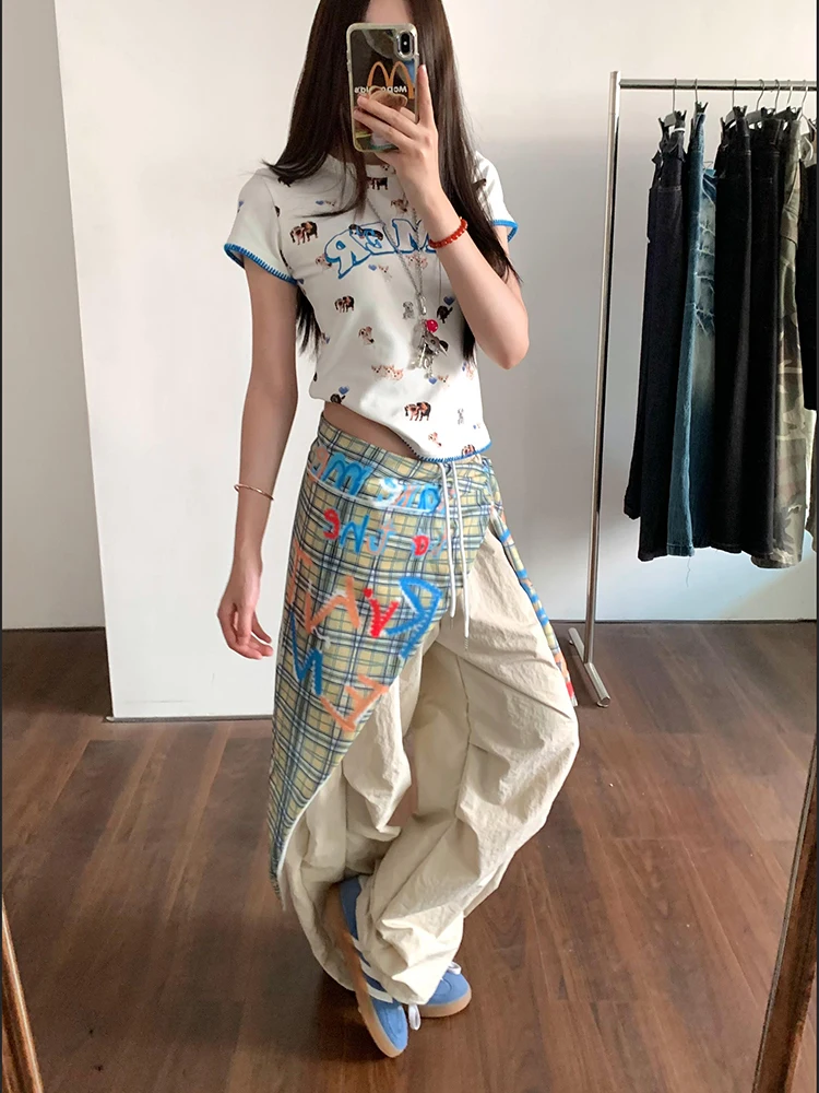 Y2K-ropa de calle para mujer, pantalones Cargo holgados de cintura alta con retales, pantalones de paracaídas Bf Hip Hop, pantalones de chándal de baile de Jazz con cinta que combinan con todo