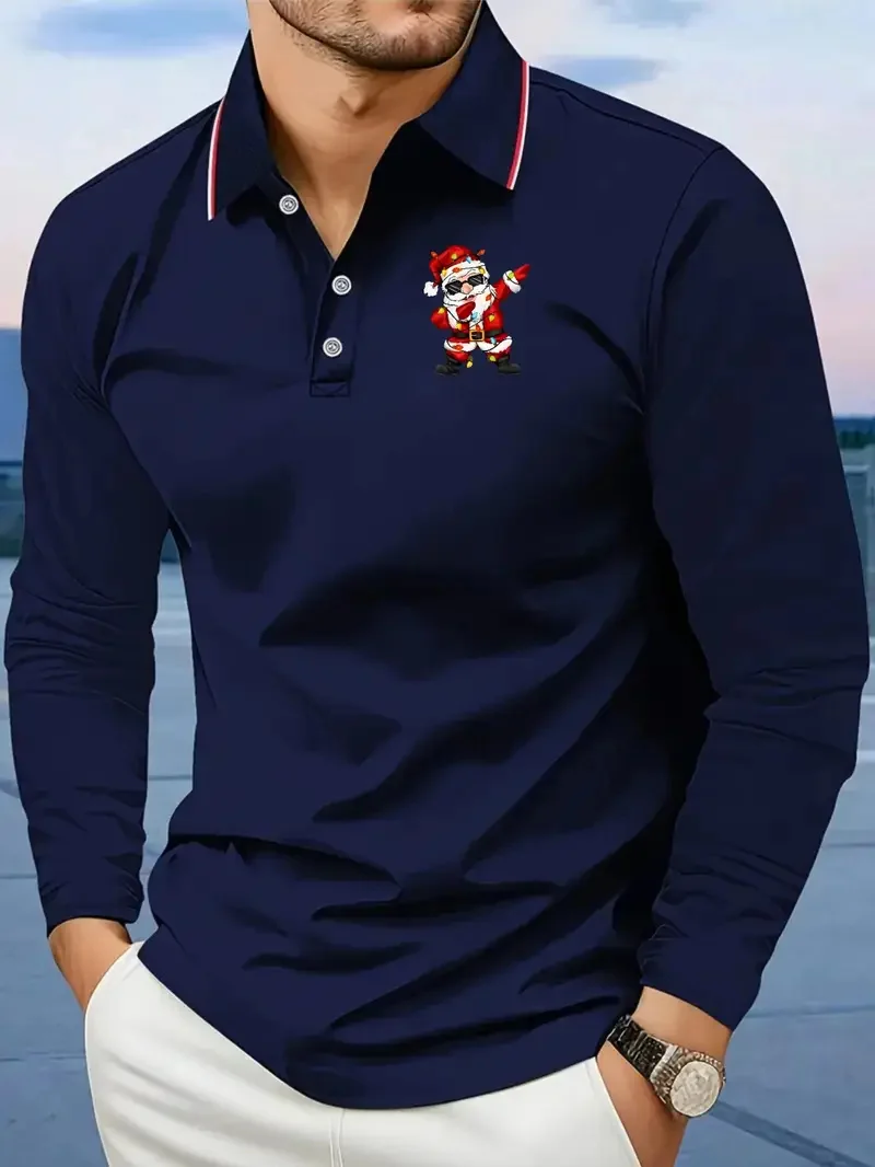 مضحك سانتا كلوز الرسم الرجال قميص بولو بسيط نمط الأعمال طويلة الأكمام البلوز الأزياء الإبداعية مهرجان الملابس للرجال