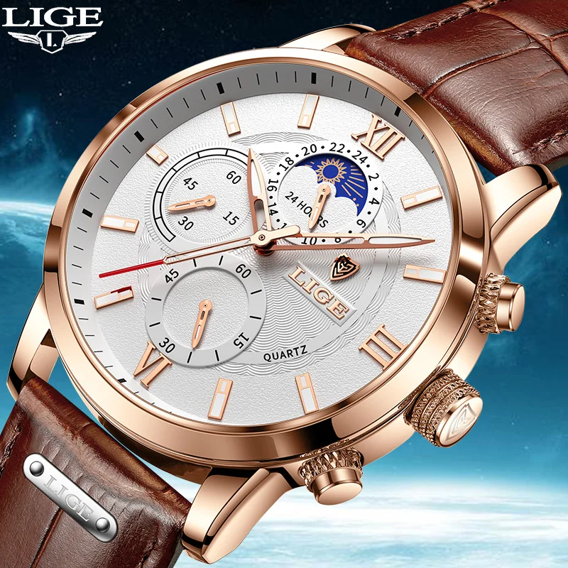 LIGE Luxury Man Wristwatch Leather Waterproof Men Quartz Watch Fashion Luminous Stainless Steel Mens Watches Relogios Masculino