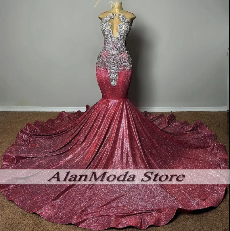 

Luxury Rhinestone Prom Dresses 2025 Crystal Sheer Neck Sequin Black Girls Mermaid Party Gowns Vestido Festa Long Birthday Outfit