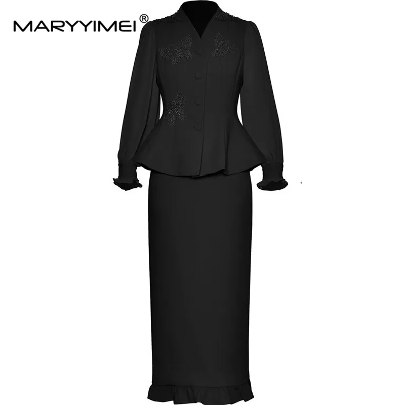 MARYYIMEI Women\'s Elegant Commuter Black Dress Autumn and Winter V-Neck Beading Single-Breasted Tops+Slim Skirt 2 piece set