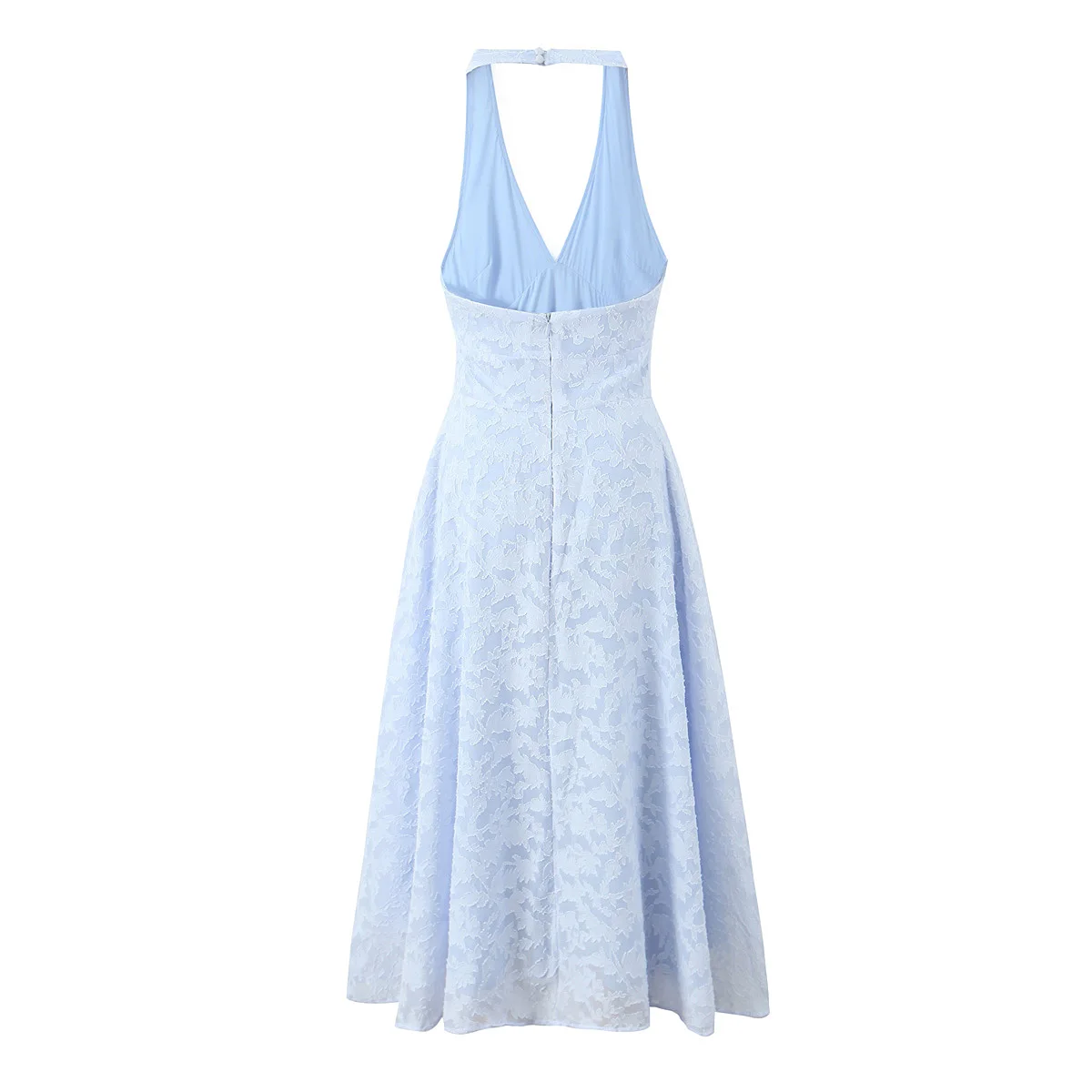 2024 Holiday Blue Jacquard Weave Halter V Collar Sling Midi Dress Women Low Waist A-Line Pleated Swing Backless Robe Beach