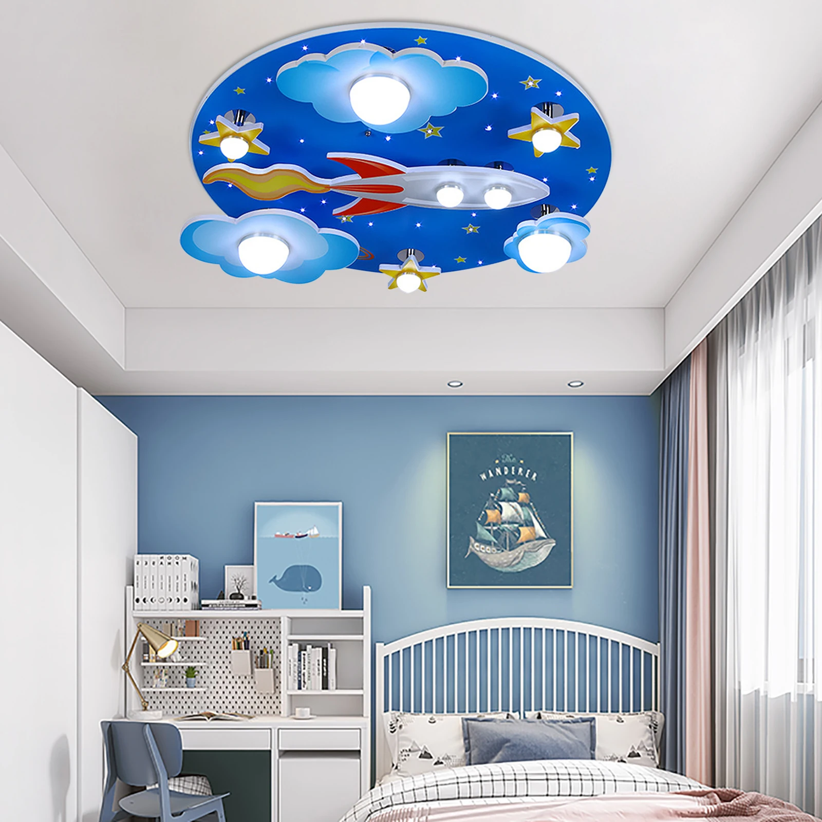 Cartoon Plane Starry Sky Ceiling Light, Sala de crianças, Meninos e Meninas Lâmpada pingente, Baby LED Chandelier com controle remoto para berçário doméstico