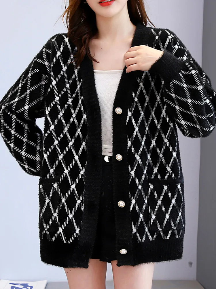 Sweater Coat Women Autumn Winter Lazy Style Solid Color Single-breasted Loose V Neck Knitted Cardigan Casual Fashion Coat New