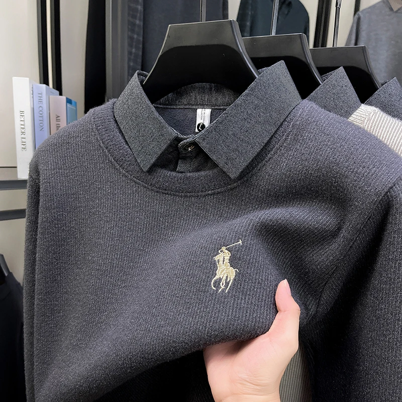 

2025 New Winter Men's Crystal Velvet Fake Two Piece Sweater with Thick Velvet Casual Warm Knitted Base Sweater