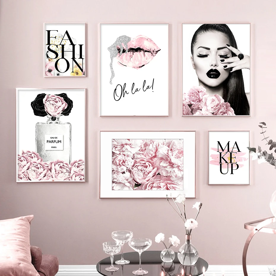 Modern Fashion Watercolor Pink Makeup Peony Lips Parfum Poster Canvas Paintings Prints Wall Art Pictures Girl Room Home Decor