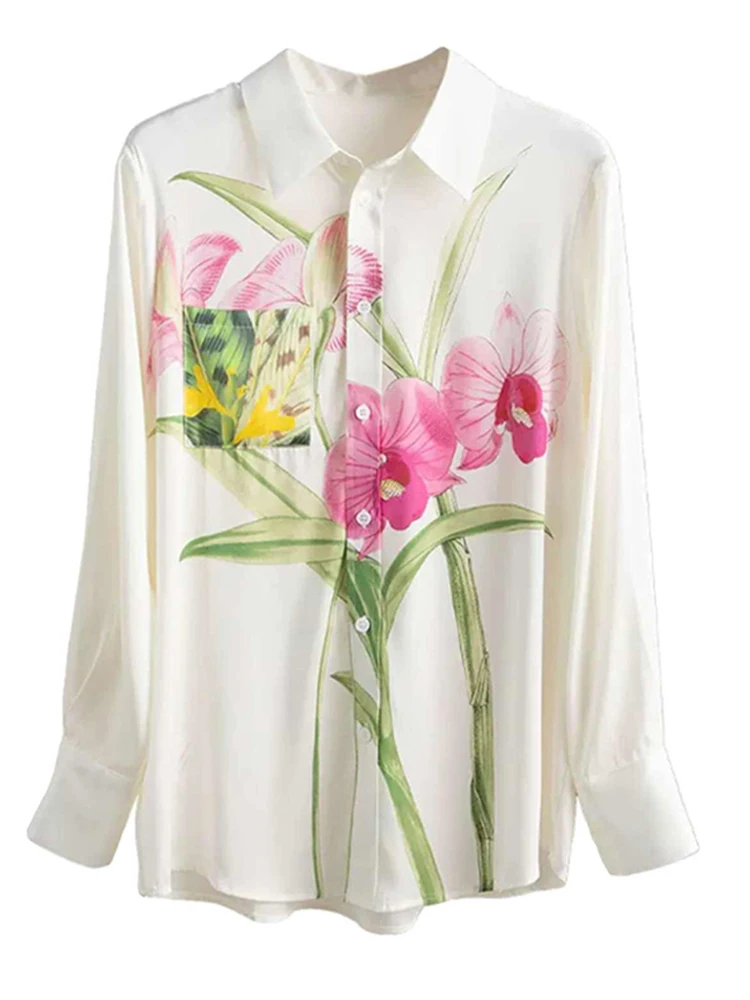 

New Spring Autumn Women's Office Lady Turn-down Collar Shirt Dopamine Fashion Single Breasted Printed Long Sleeved Top H07