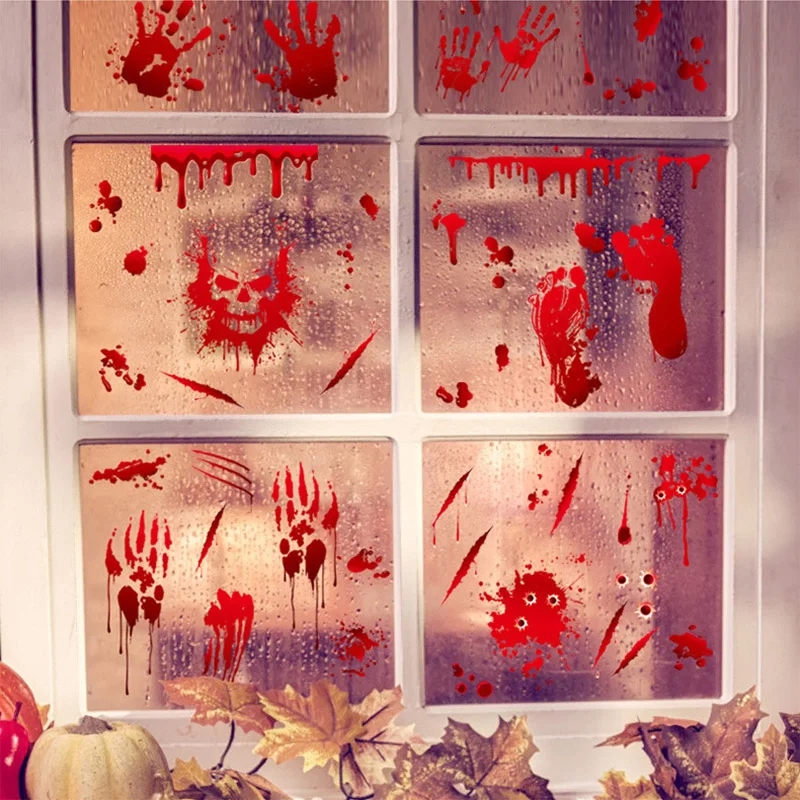 

2PCS Halloween Blood Handprints and Footprints Glass Stickers Wall Decoration Tiles Window Doors Removable Decoration