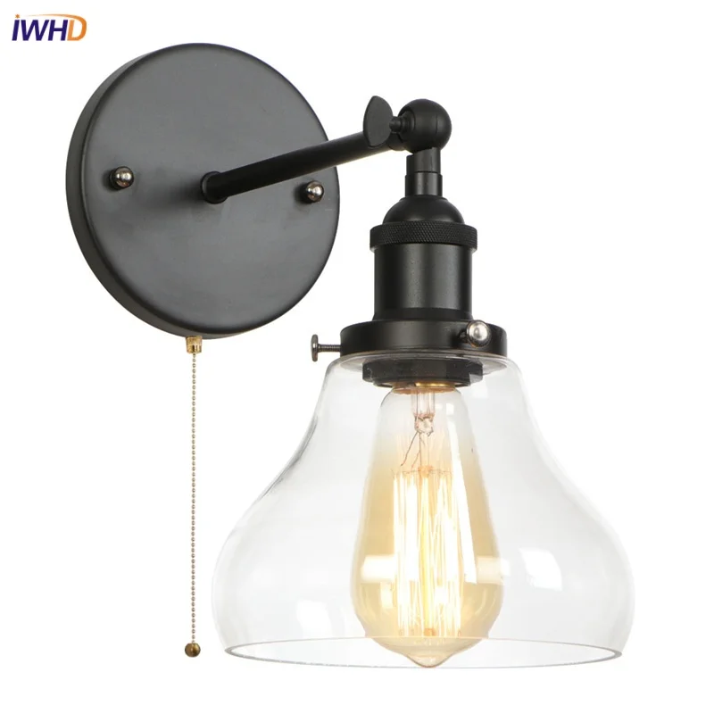 IWHD Black Industrial Iron LED Wall Lights Bedroom Dining Room Coffee Loft Vintage Pull Chain Switch Bathroom Lamp Aplique Pared