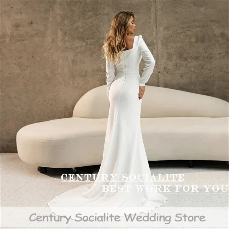 Civil Wedding Dresses Mermaid 2024 Long Sleeve Square Collar Soft Satin Simple Plain Bridal Gowns for Bride Customized