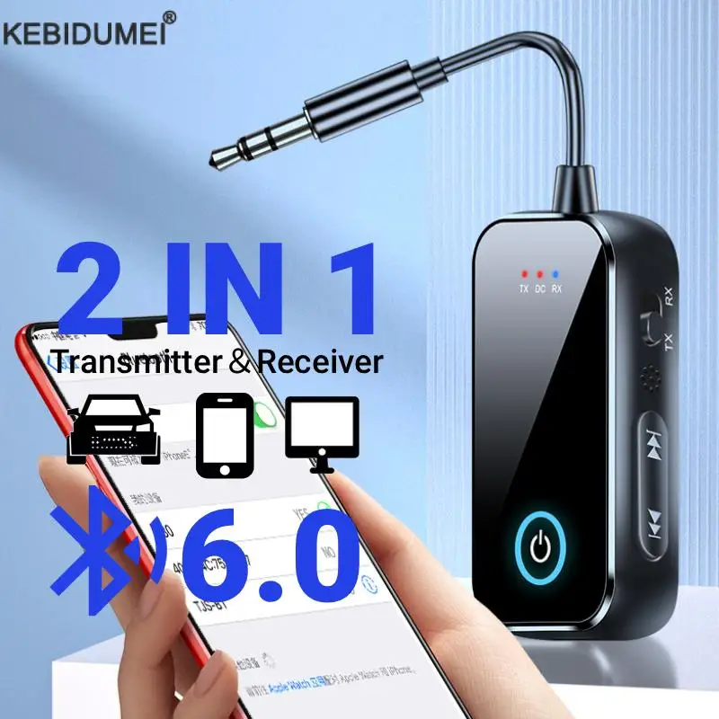 Verbesserter Bluetooth 6.0 AUX Empfänger Sender 3,5 mm mit Mikrofon HiFi Stereo Musik Wireless Audio Adapter für TV PC Flugzeug Auto
