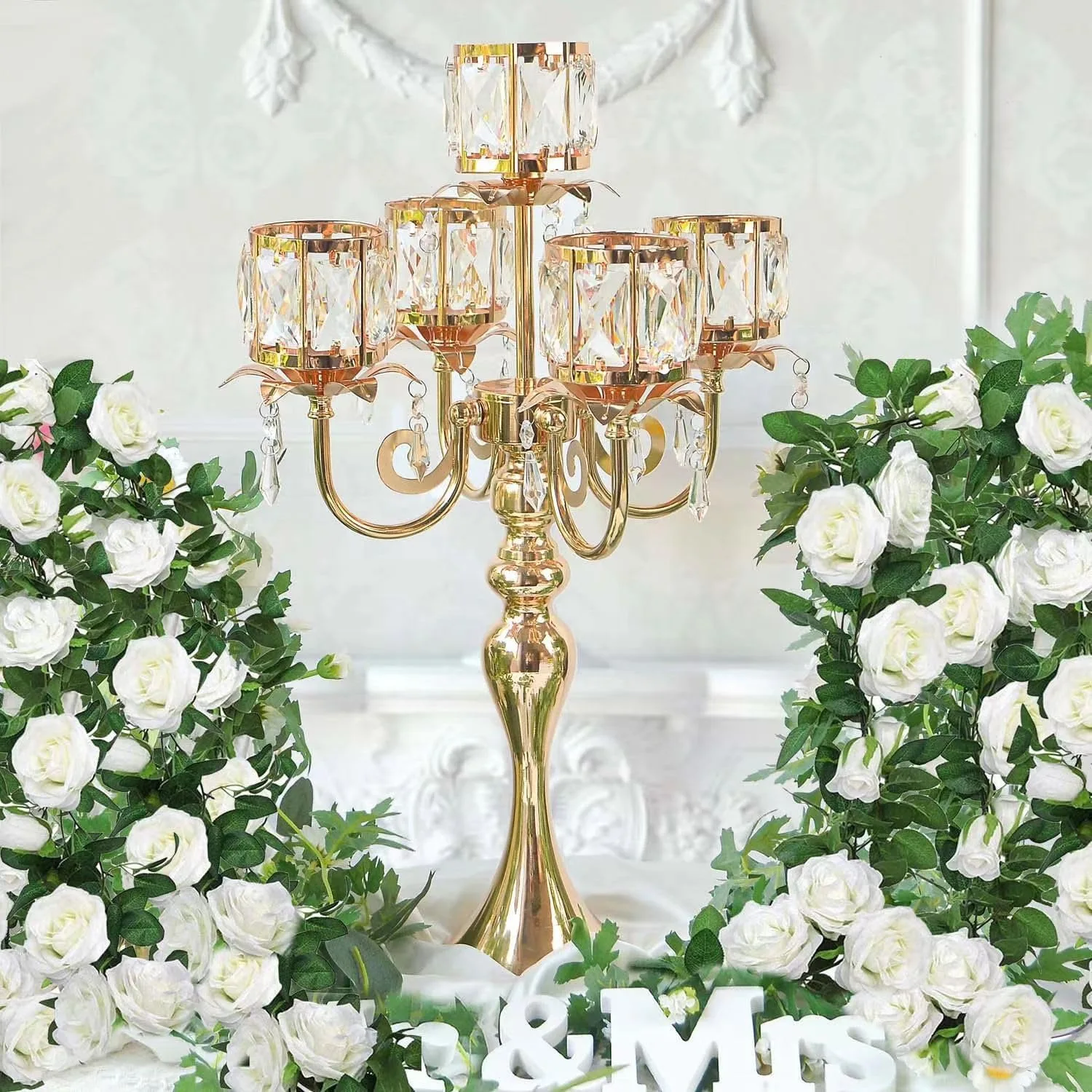 5 Heads Crystal Candelabra, Electroplated Gold Iron Frame, Romantic Decor for Dining Table, Wedding & Birthday Gathering
