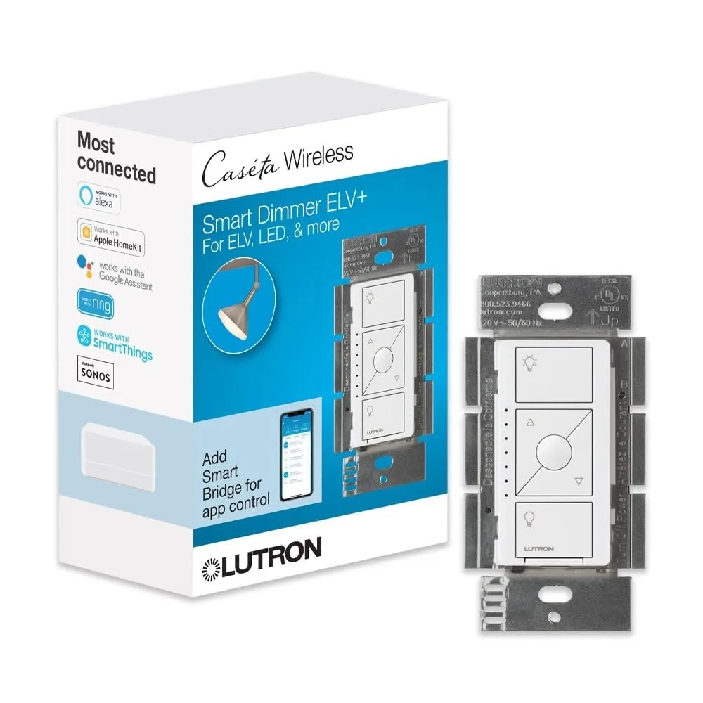 Sakelar Peredup Cerdas Asli ELV+ (Diperlukan Hub Lutron), LED 250W, Tiang Tunggal/3 Arah, Diperlukan Netral, PD-5NE-WH, Putih