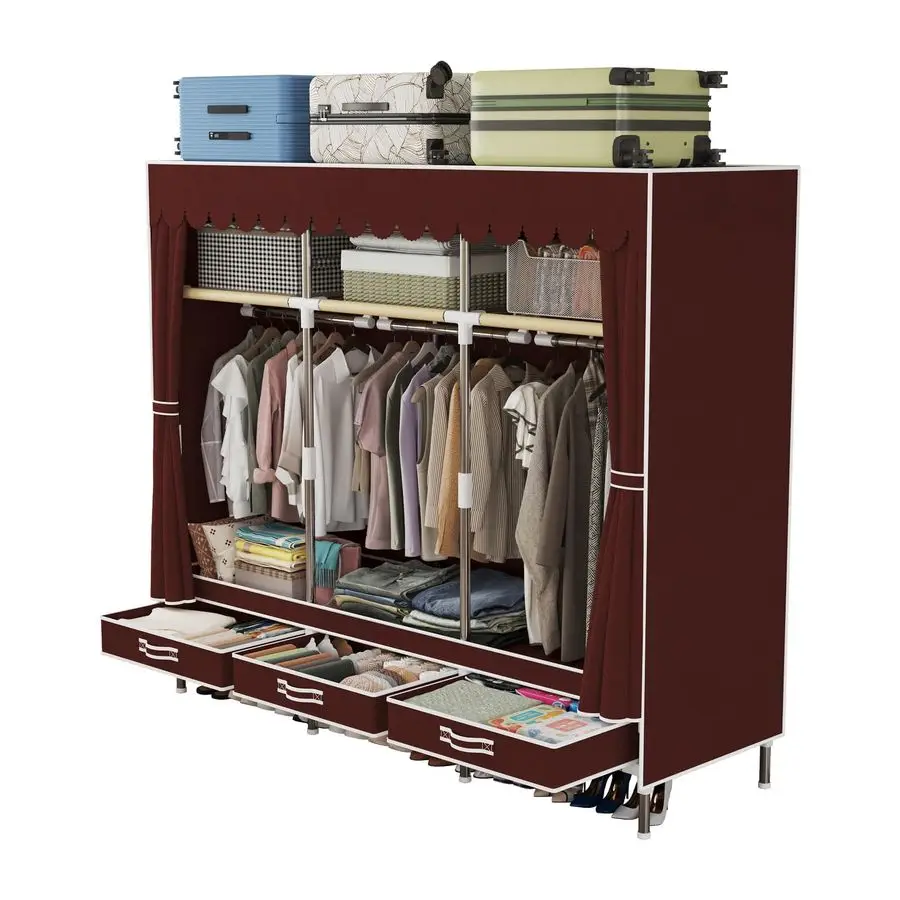 

Wardrobe, Metal Frame with Cardinal Fleece Cover, 3 Hanging Poles, 3 Drawers, 3 Lockers, Portable Closet with Drawer, Clothes O