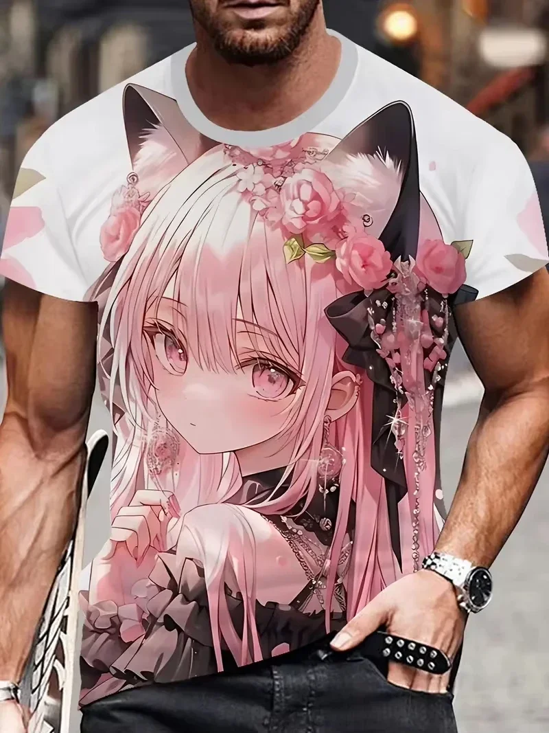 Summer Men's T-Shirt with Japanese 3D Anime Samurai Girl Print, Street Style, Unisex Loose Casual Quick-Drying Breathable Top