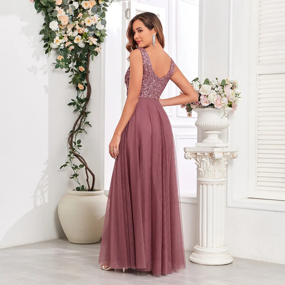 26 New Sequined Splicing Mesh Double V-neck Sleeveless Long Formal Evening Party Prom Dress