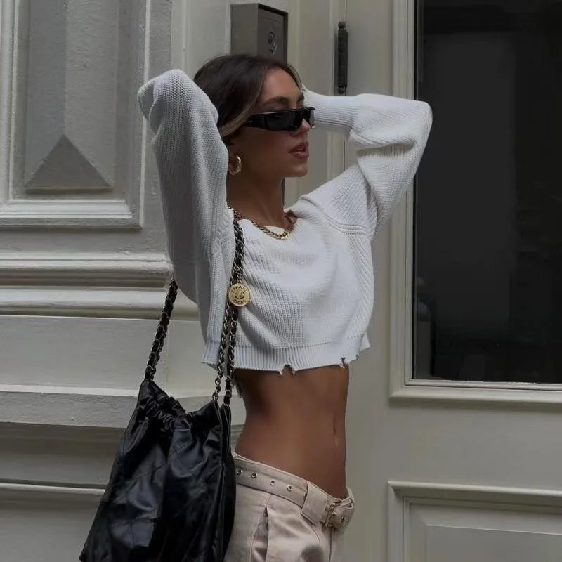 

Сексуальный вязаный свитер с открытыми плечами ort Sle Полиэфирное волокно Street Sle Long Sve Однотонный дизайн Чистый цвет Полиэстер ...