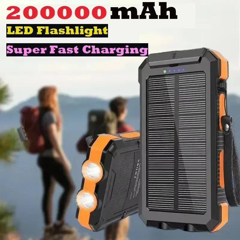 

200000mAh Solar Power Bank Outdoor Camping Portable Fast Charger Power Bank Waterproof External Battery Charging with LED Light