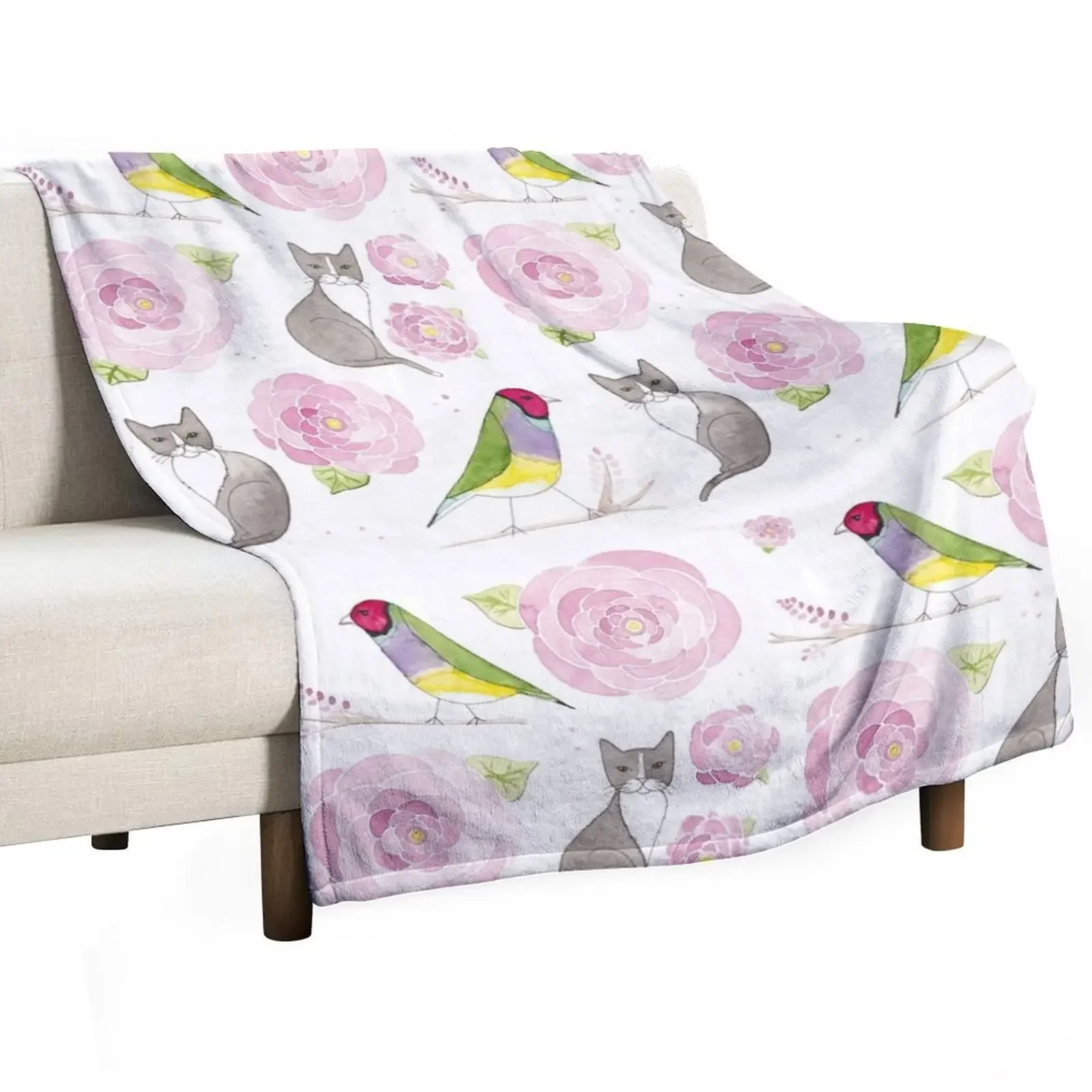 Gouldian Finches and Cats Floral Pattern Throw Blanket Camping Luxury Thicken Blankets